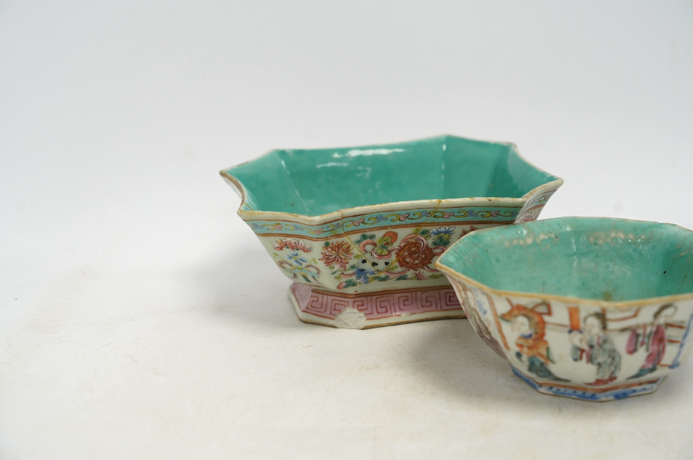 A Chinese famille rose octagonal bowl and another, both Tongzhi mark and period (1862-1874), largest 16cm wide. Condition - rectangular dish is damaged, bowl is fair, chip to the top rim